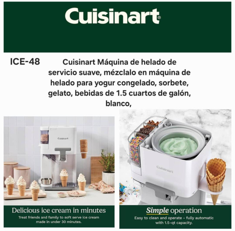 دستگاه بستنی سرو نرم Cuisinart- Mix It In برای تهیه بستنی یخ زده، سوربه، ژلاتو، نوشیدنی 1.5 کوارت، رنگ سفید، ICE-48 Cuisinart Soft Serve Ice Cream Machine- Mix It In Ice Cream Maker for Frozen Yogurt, Sorbet, Gelato, Drinks 1.5 Quart, White, ICE-48